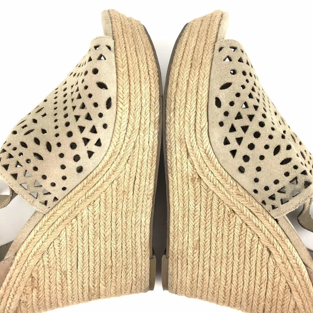 Marc Fisher Hasina Women Wedge Sandals Size 10 Perforated Suede Ankle Strap Jute